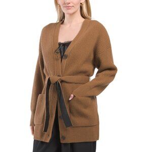 VINCE Almond Wool And Cashmere Blend Ribbed Belted Cardigan